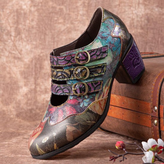 Women Retro Floral Printing Leather Comfy Hook Loop Round Toe Soft Chunky Heels