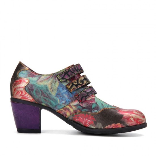 Women Retro Floral Printing Leather Comfy Hook Loop Round Toe Soft Chunky Heels