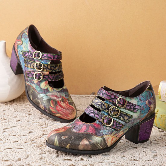 Women Retro Floral Printing Leather Comfy Hook Loop Round Toe Soft Chunky Heels