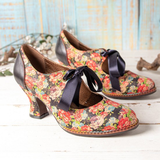 Women Elegant Graceful Little Flowers Printed Comfy Wearable Lace Up Stitching Chunky Heel Pumps