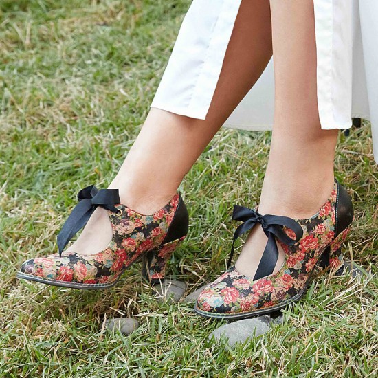 Women Elegant Graceful Little Flowers Printed Comfy Wearable Lace Up Stitching Chunky Heel Pumps