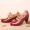 Leather Embossed Flowers Splicing Cut out Lace-up Chunky Heel Pumps Dress Shoes