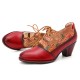 Leather Embossed Flowers Splicing Cut out Lace-up Chunky Heel Pumps Dress Shoes